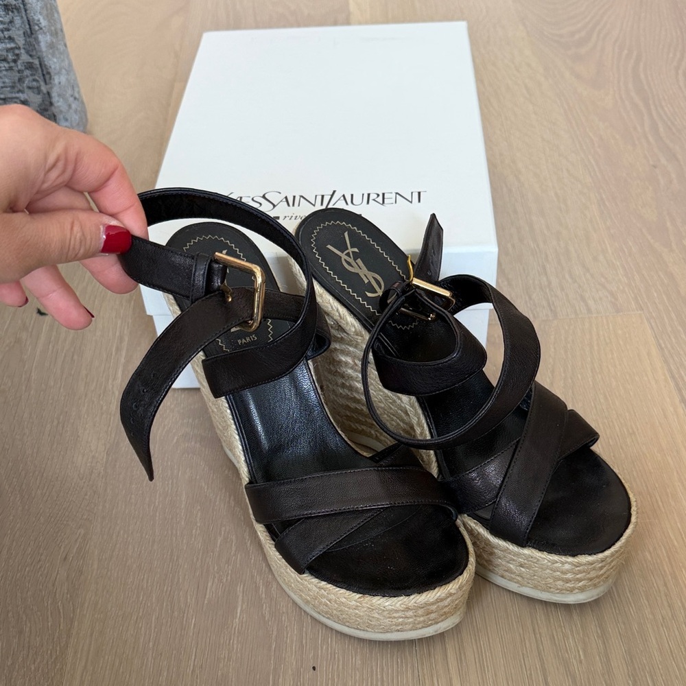 Saint Laurent Black Leather Espadrille Wedges with Jute Platform